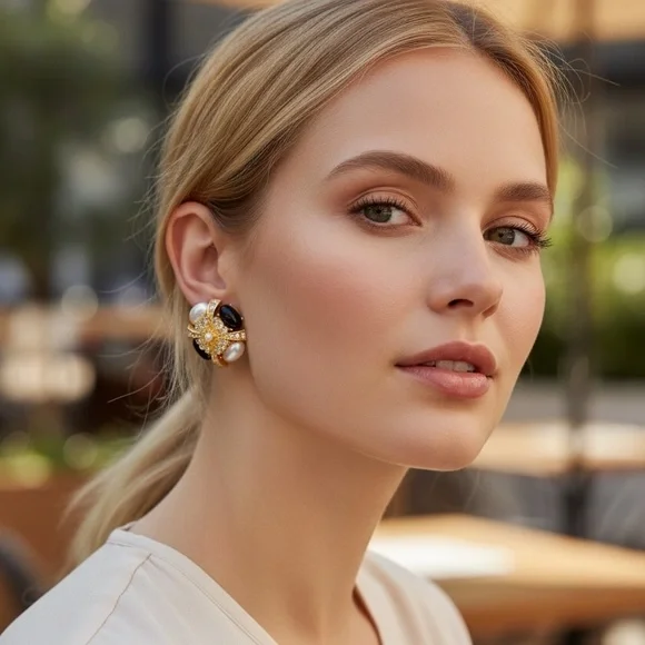 VINTAGE Onyx and Faux Mabe Pearl Cabochon Earrings - Picture 12 of 12